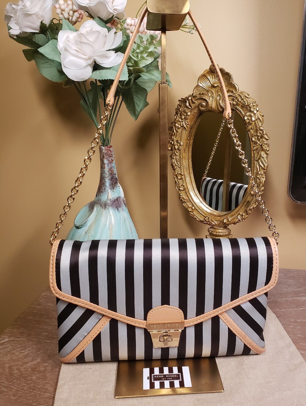 henri bendel Signature West 57 Striped Chain Crossbody w/ Tan Leather Trim NWT! - Picture 9 of 10